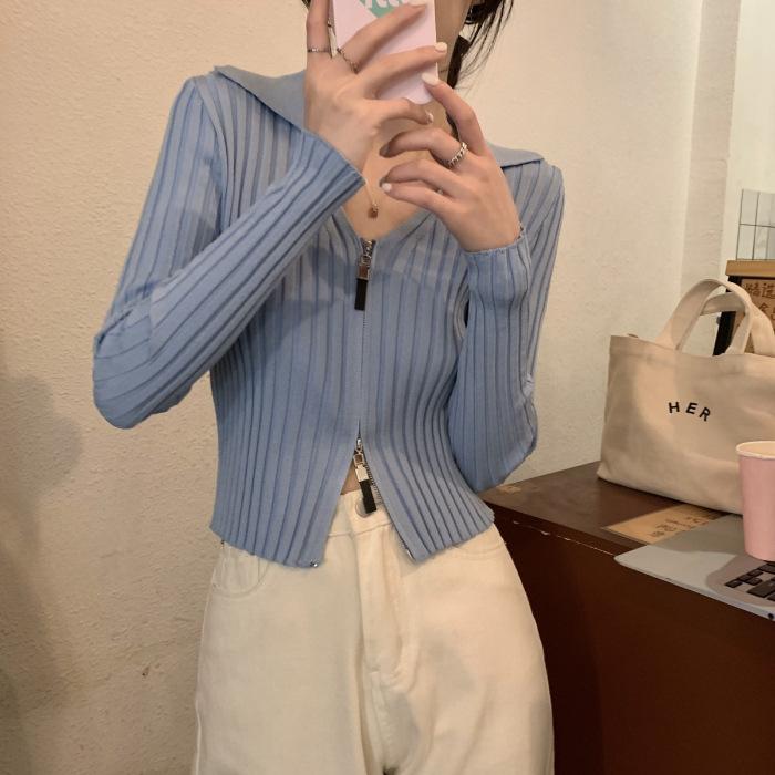 

Small slim-fit double zipper short long-sleeved knitted sweater design sense niche inner V-neck sweater women one size fits all