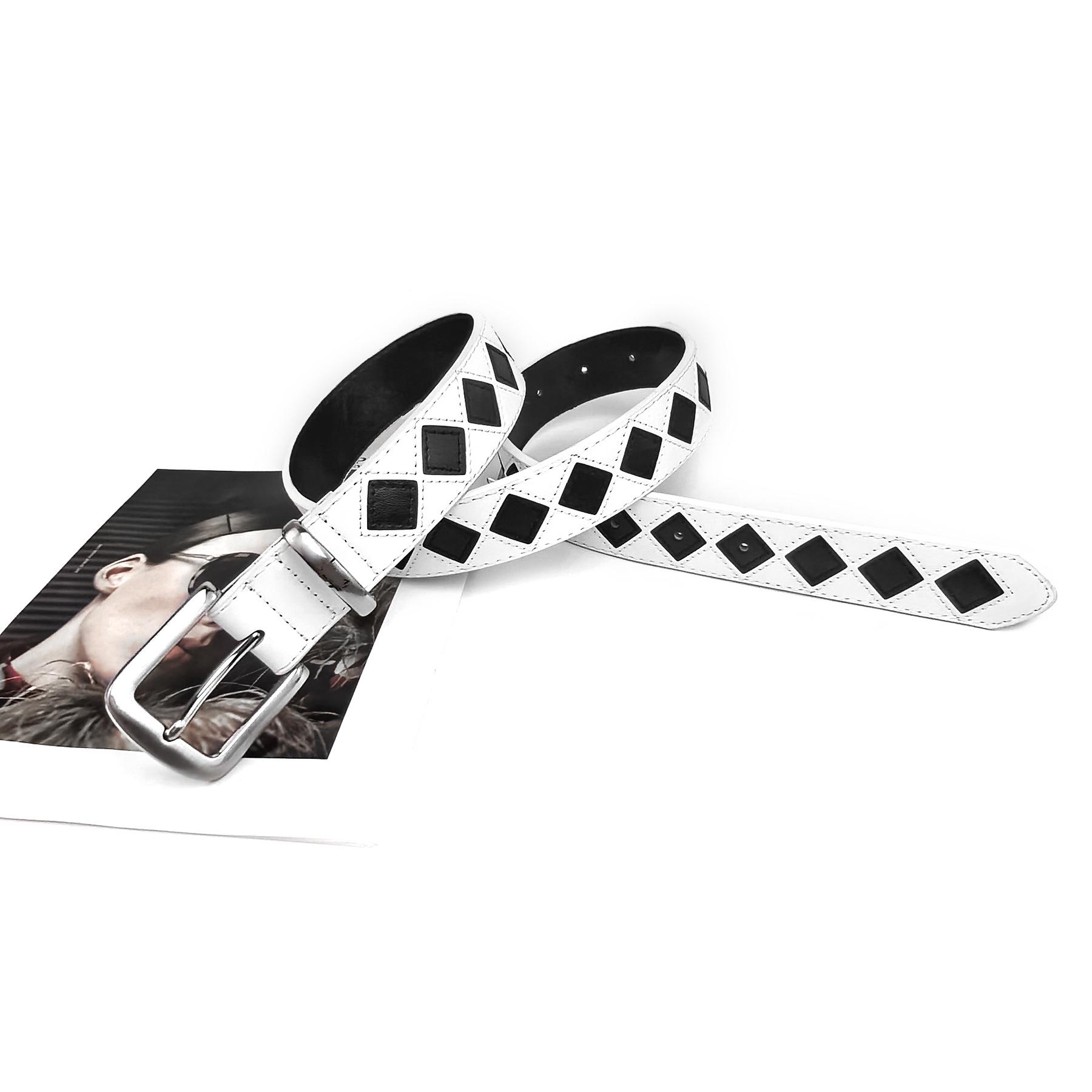 Unisex Trendy Punk Style Black & White Checkerboard Leather Belt with Pin Buckle 110cm