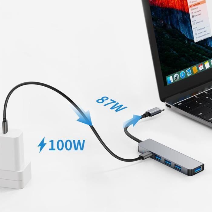 Hub Adaptateur USB-C 5 en 1 - BOOLING - PD 100W - 1 Port USB 3.0 - 3 Ports USB 2.0 - Gris