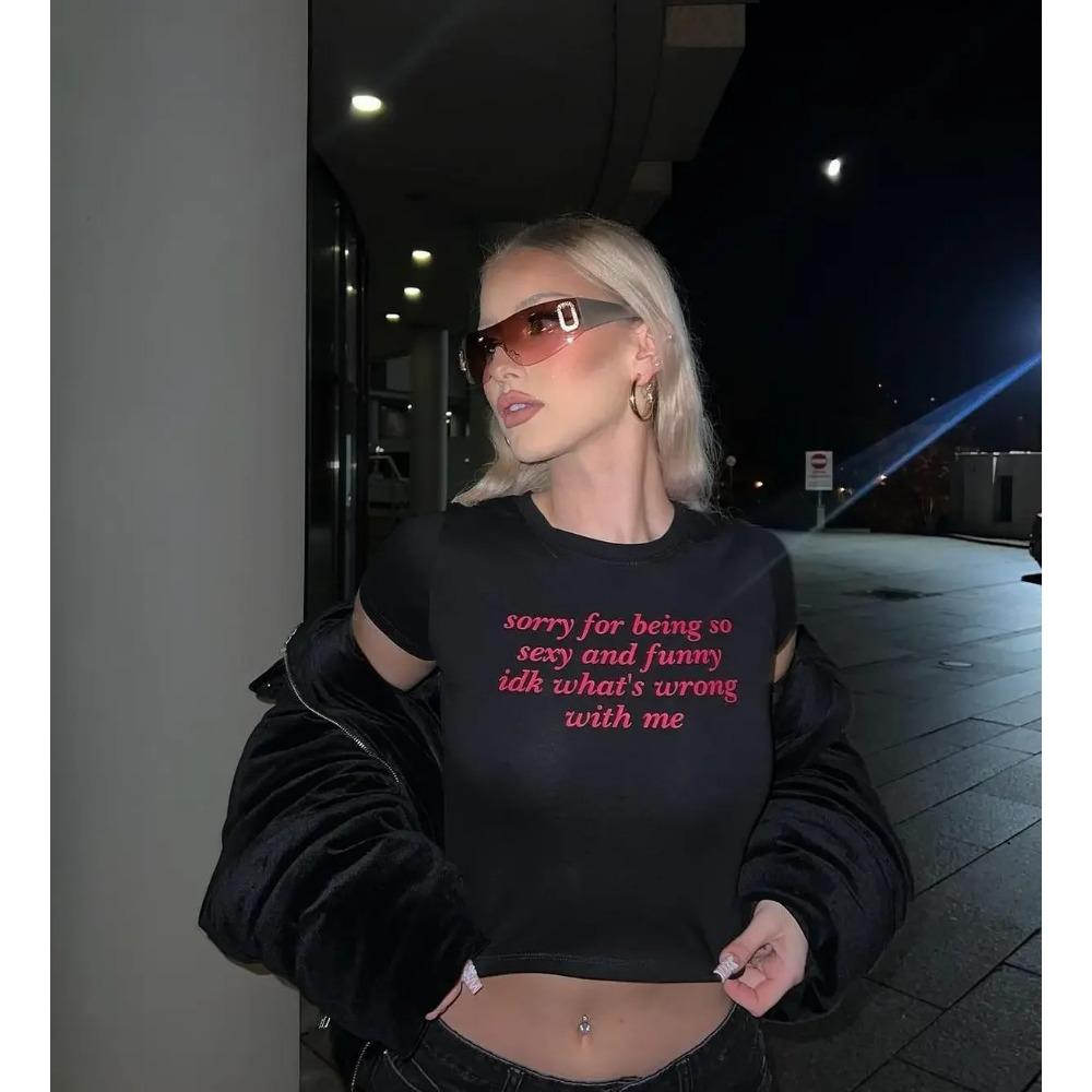 

2KWEIRD Y2K Принт с буквами Винтажная Эстетическая футболка High Street 2000-х Кроп-топ Летняя Панк Футболка с коротким рукавом Повседневная Уличная одежда Футболка M