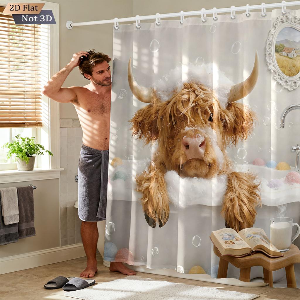 1pc Cartoon Highland Cow Rabbit Bath Print Waterproof Shower Curtain Partition Privacy Hanging Curtain Multiple Sizes 12 Hooks