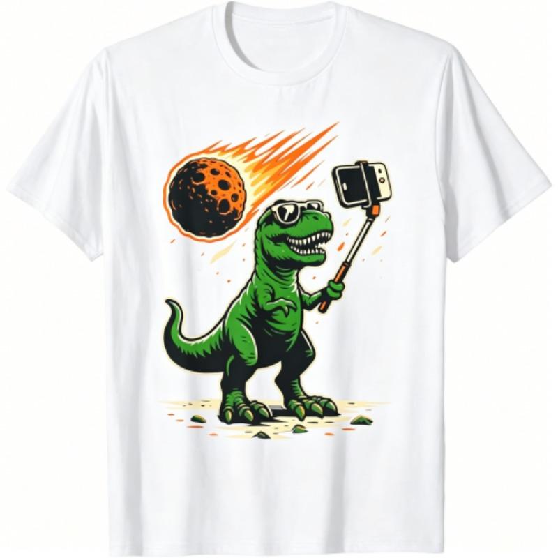 Funny Cartoon Dinosaur Selfie Pattern Print Men's T-shirt Summer Men's and Women's Casual Fashion Tops Men's Short Sleeve T-shirt Oversize Clothing
