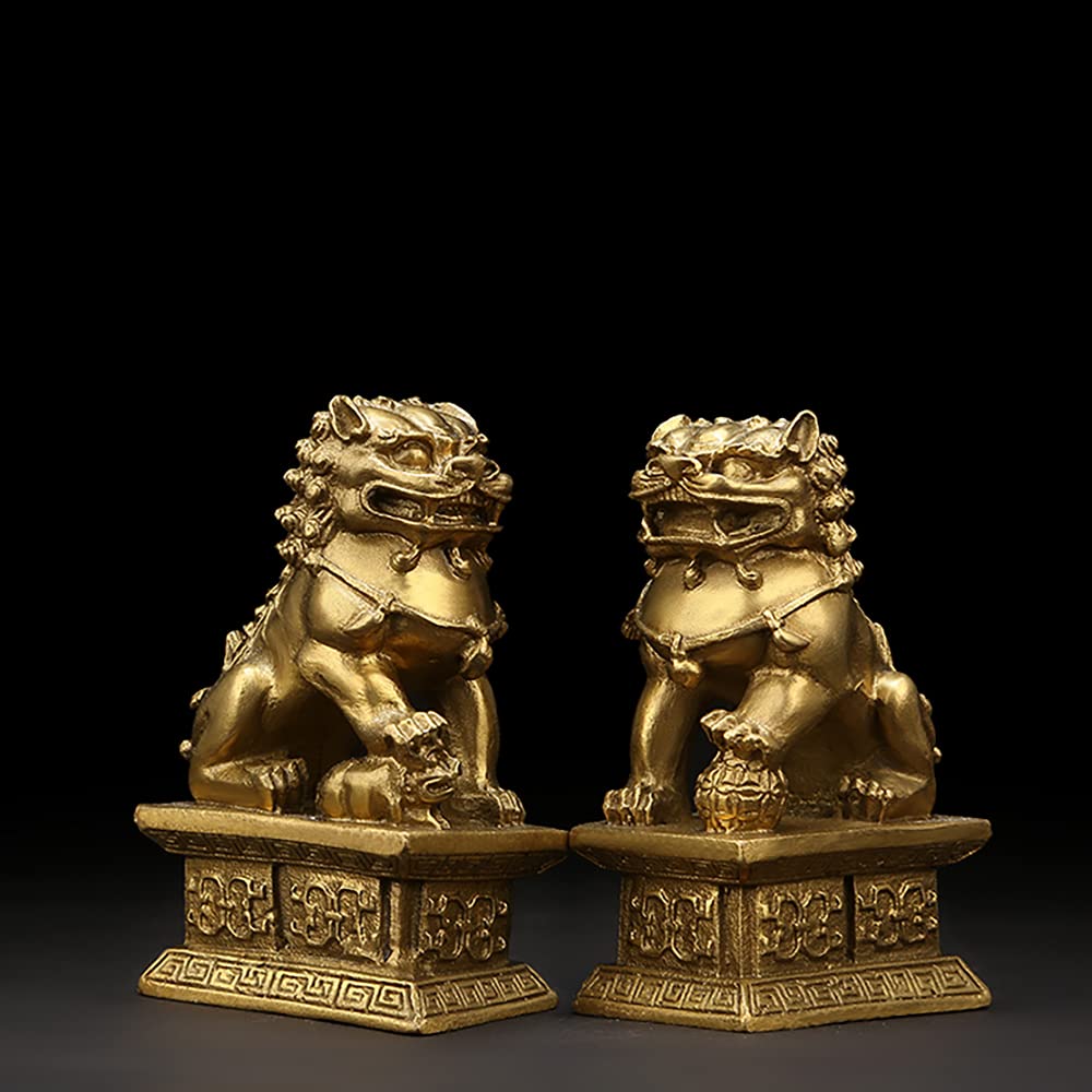 Lion and Guardian Dog Statues and Female Bronze Feng Shui Interior Business Protection Against Evil Amulet Set of 2 Improves Brings Good Gambling and