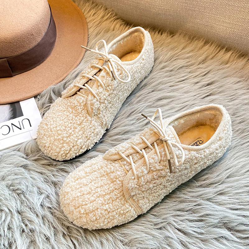 Fashion 2025 Brand Fur Shoes Woman Lace-Up Loafers White Woolen Boots Femmes Thicken Plush Moccasins Winter Curly Lambswool Shoes Ladies