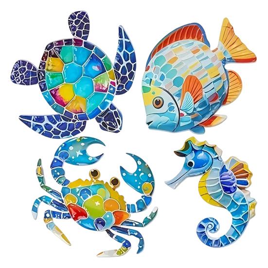 

4 Pcs Wooden Beach Wall Decor Colorful Sea Turtle Fish Crab Seahorse Outdoor Sculptures Ocean Theme Wall Art for Garden Fence Home Wall Decor Sets