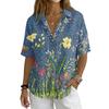 Damen Mode Polo Kragen Knopf Vintage Blumendruck Lockerer Schnitt Kurzarm T-Shirt Leinenmischung Lässiges Oberteil