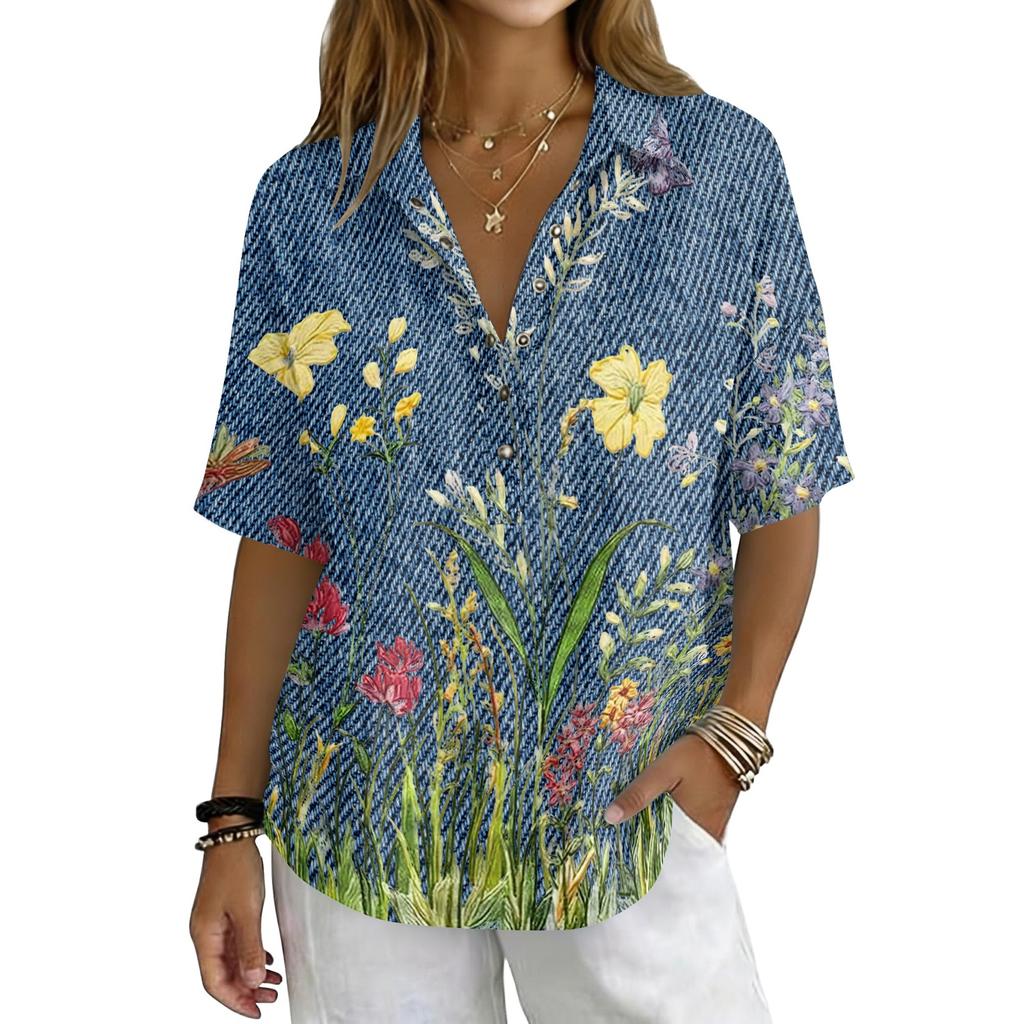 Damen Mode Polo Kragen Knopf Vintage Blumendruck Lockerer Schnitt Kurzarm T-Shirt Leinenmischung Lässiges Oberteil