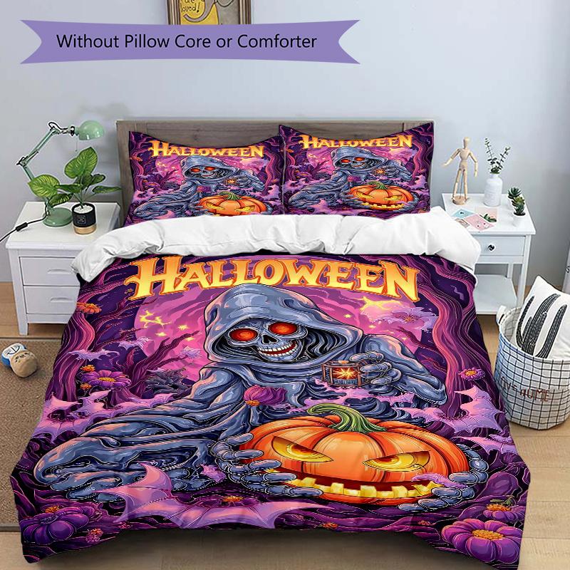 

3pcs Halloween Theme Bedding Set, Including 1 Quilt Cover and 2 Pillow Shams, Without Filling, Soft and Comfortable Home Bedroom N050 135x200cm