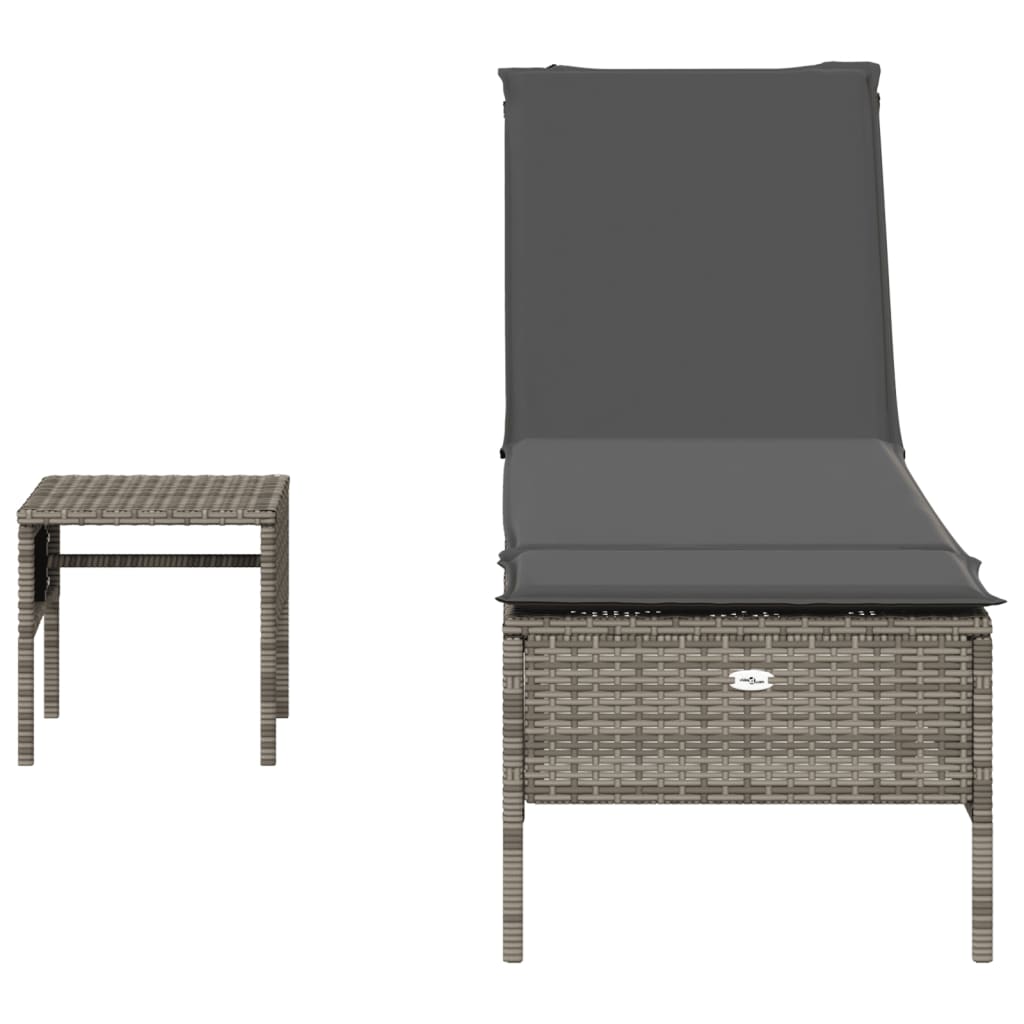 Sun Lounger with Table and Cushion Gray Poly Rattan
