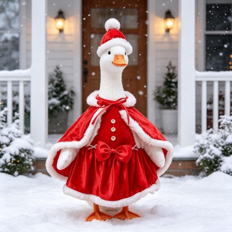 23Inch Geese Santa Costume for Decorative Geese Figure, with Hat, Buttoned Dress and Decorative Bows for Christmas Porch and Front Yard Display