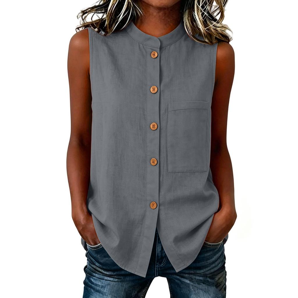 Women's Stand Collar Sleeveless Blouse, Button Pocket Casual Top, Lightweight Summer Shirt