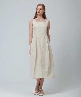 Pin Black Square Neck Pintuck Sleeveless Dress Beige