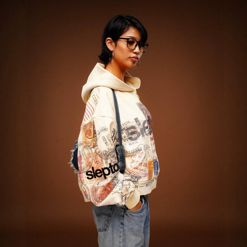 Unisex Retro Stamp Print Zip-Up Hoodie With Embroidery Pocket Loose Fit Streetwear Sweatshirt Fall