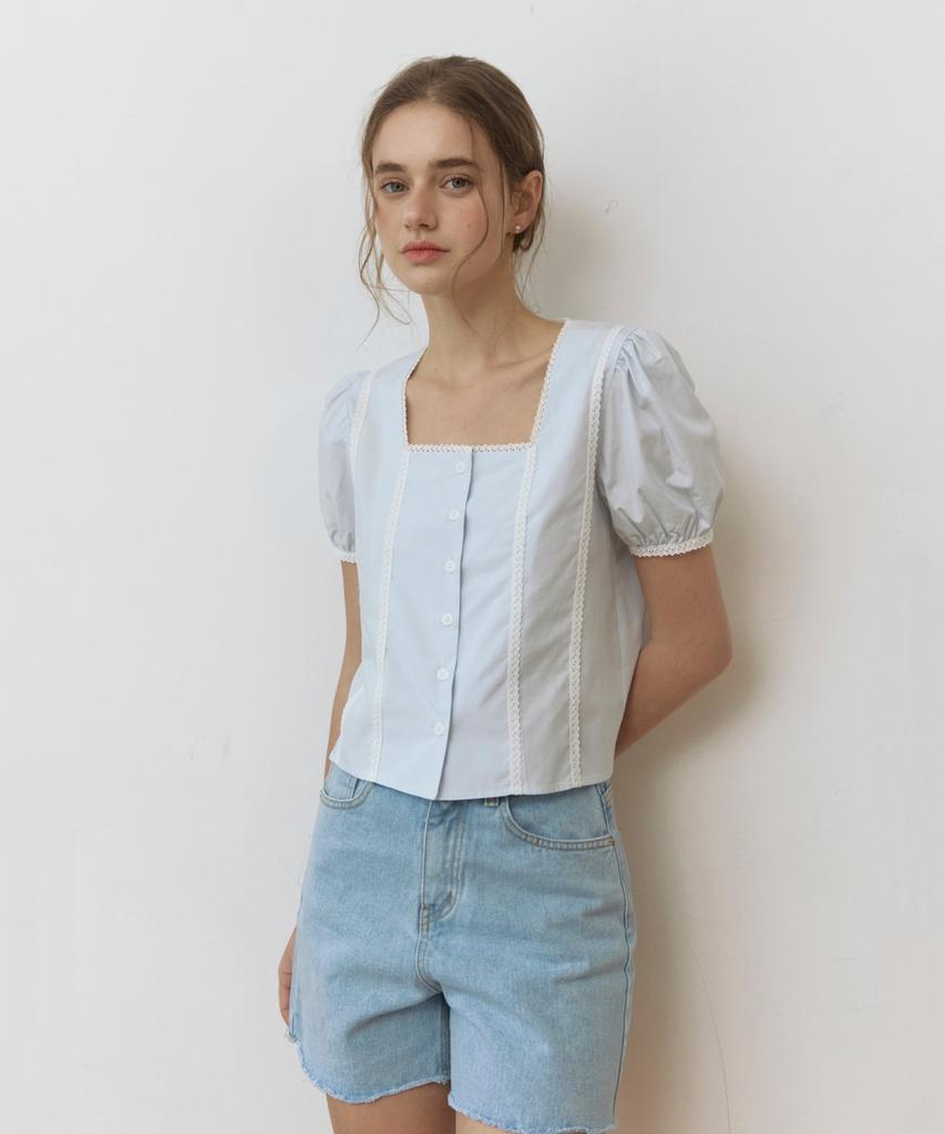 ADAUL Lace Point Puff Square Neck Blouse - Skyblue