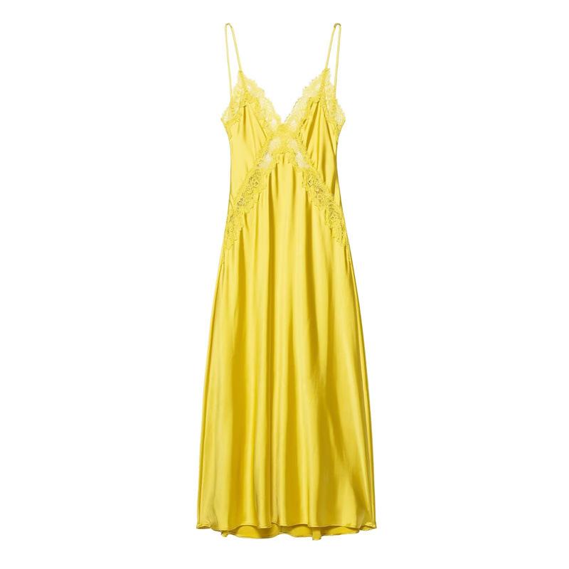 Spring/Summer 2026 European-Style V-Neck Spaghetti Strap Lace Silk Satin Midi Dress Large