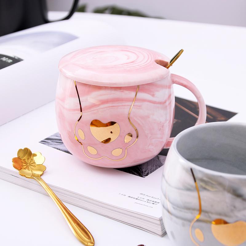 Creative Cute Cat Claw with Cover Spoon 380ml Ceramic Pink Coffee Mug Set Kids Couple Cups Gift Box