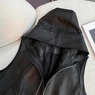 Women's Lightweight Fall Hooded PU Vest Loose Fit, Slimming, Short Casual Jacket
