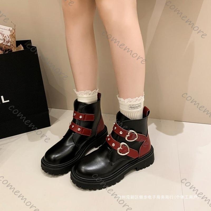 Fashion Comemore 2025 New Round Head Chunky Heel Leather Ankle Boots Metal Buckle Punk Knight Botas Female Fashion Women Autumn Shoes