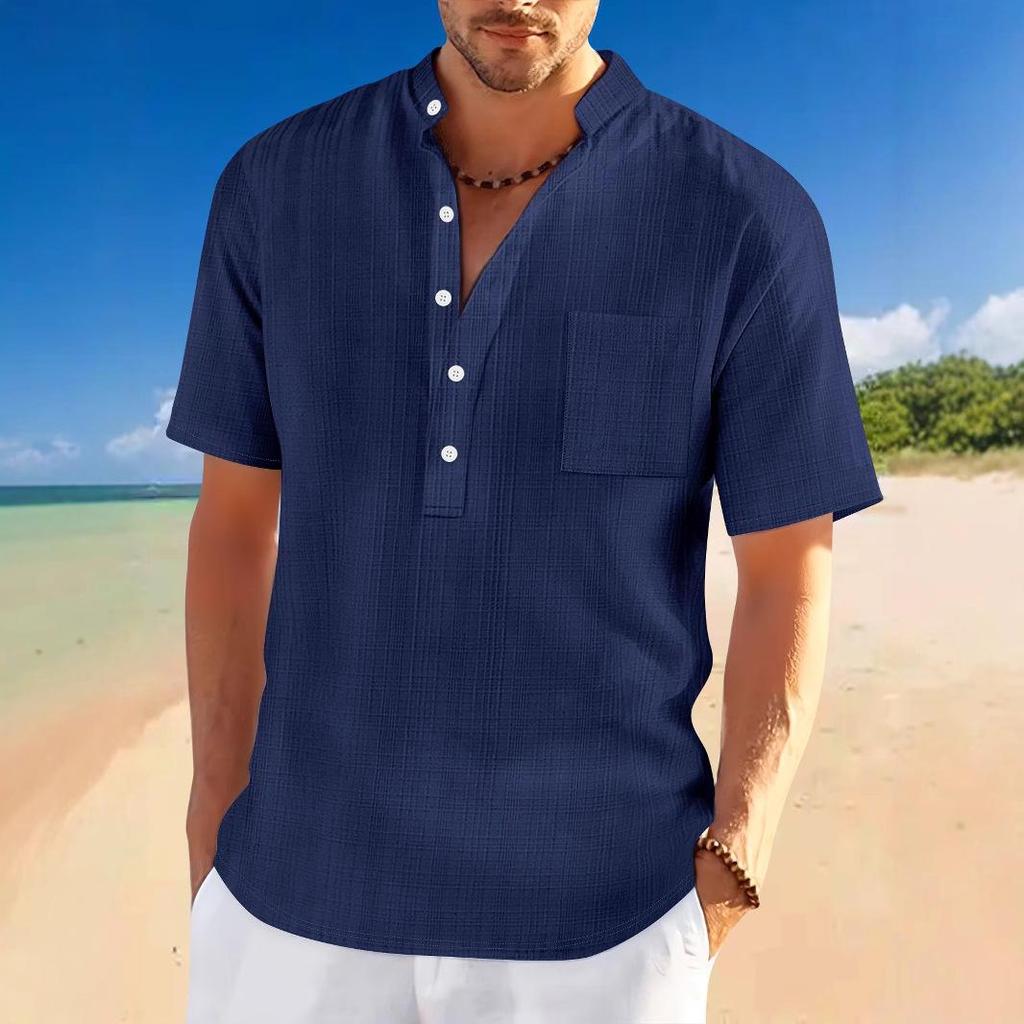 2025 Spring/Summer Men's Stand-Up Collar Short-Sleeve Henley Shirt - Loose Casual Vacation Style