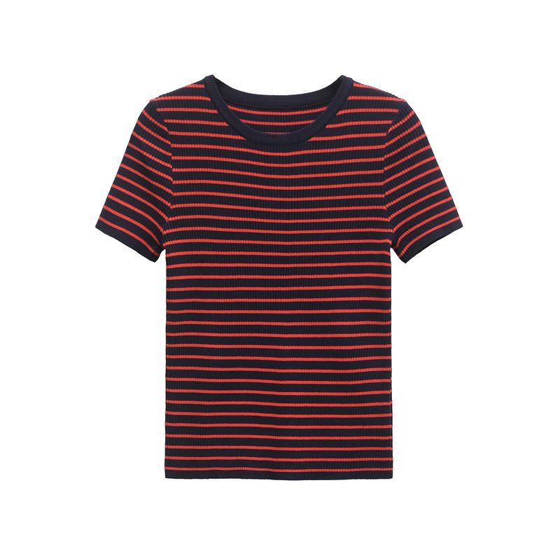 Kaslead New Arrival Women's Clothing Fashion Style Stripes Silm round Neck Short Sleeve Knitting Tops 3519020