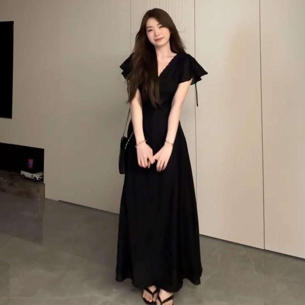 Hepburn-Style Black V-Neck Women's Summer 2026 High-End Long Dress