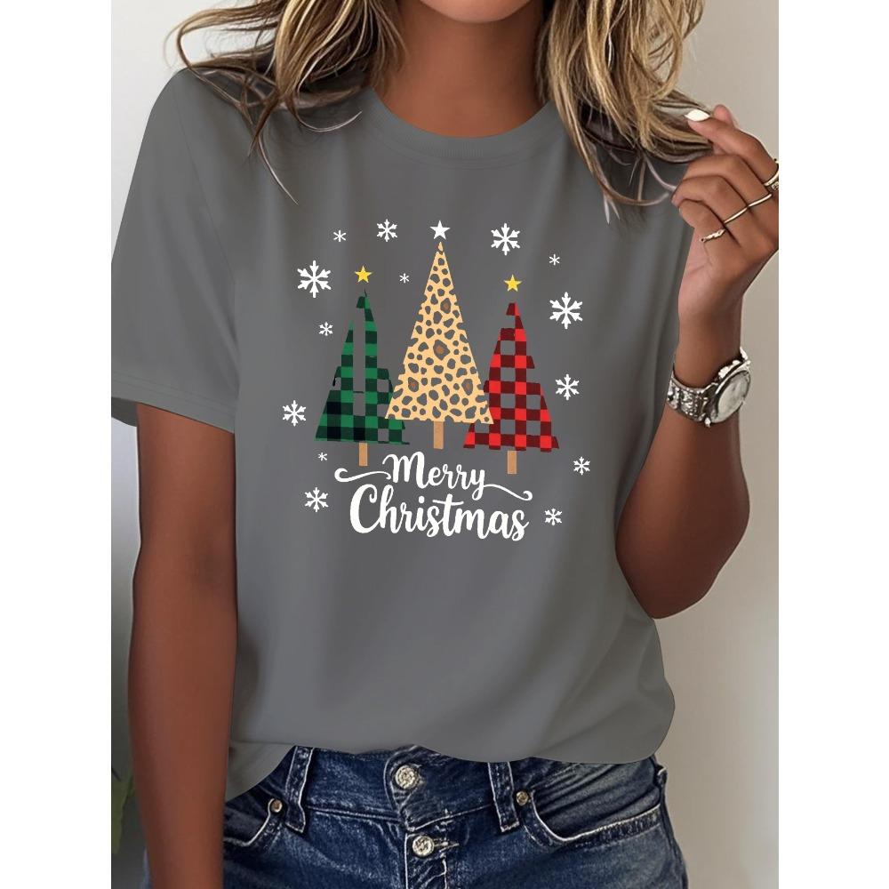 Ladies Christmas Tree Print T-Shirt - Perfect for Holiday Parties and Everyday Wear