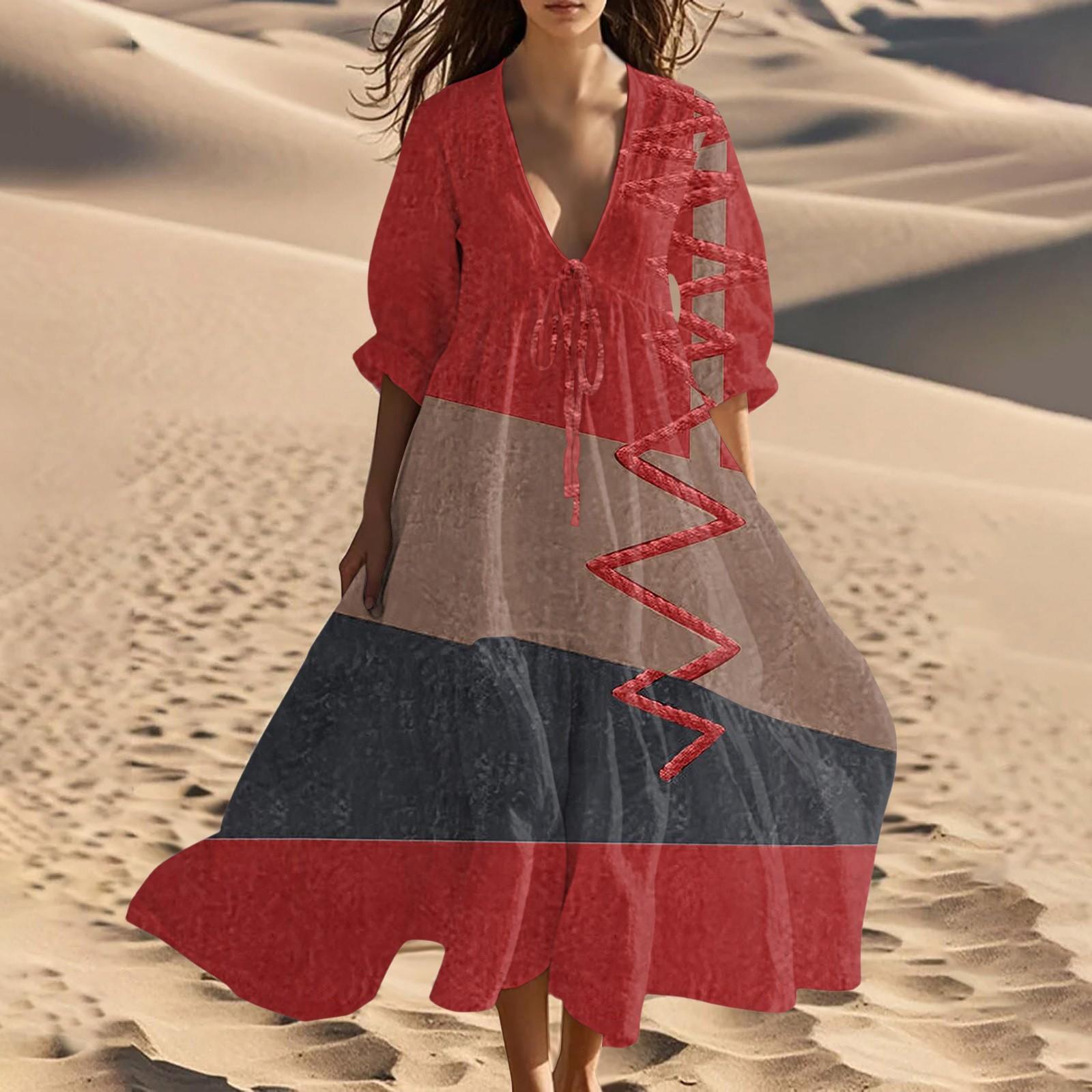 

Женские летние модные платья с V-образным вырезом, пляжные, длинные, с геометрическим принтом, шнуровкой и вставками M красный