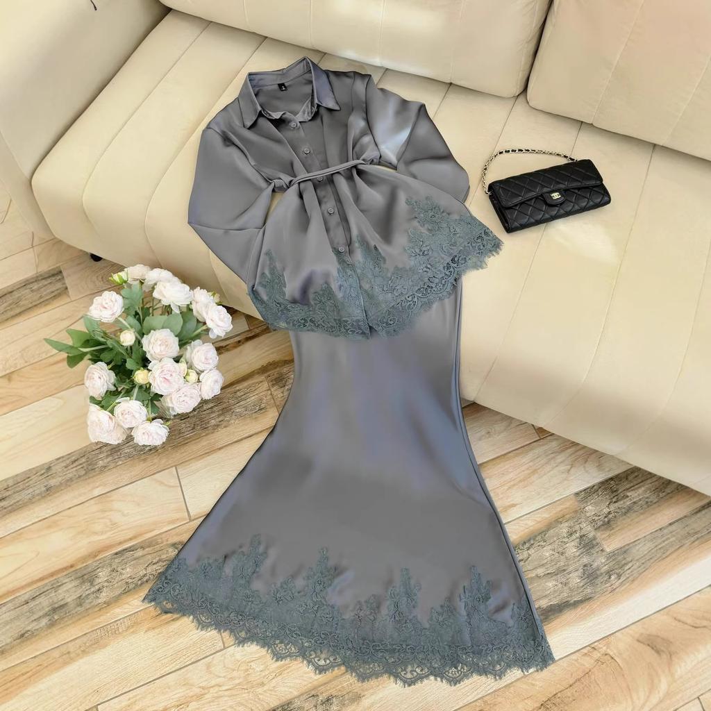 Women's 2026 Spring New Dress Set: Elegant Lace Patchwork Tie-Up Long-Sleeve Shirt and Skirt Two-Piece Set