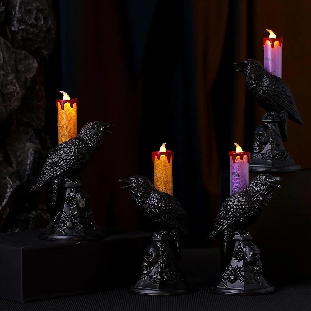 1 Pcs Halloween Black Crow Luminous Statue Candlestick Candle Lamp Home Decoration Desk Lamp Horror Festival Party Decoration