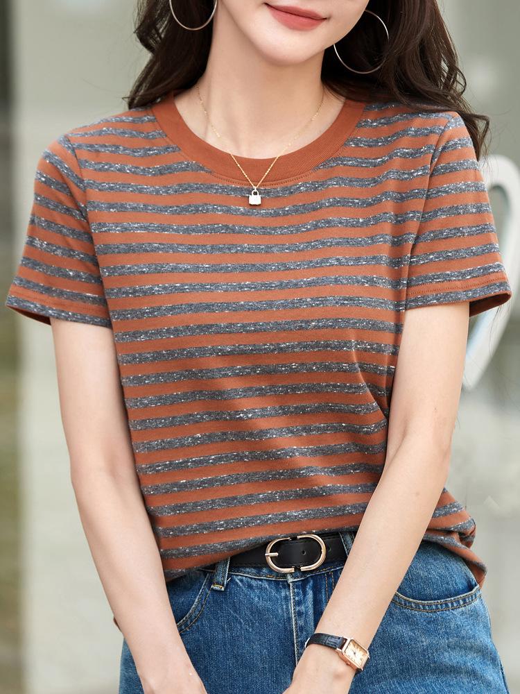 Damen 2025 Sommer Gestreiftes Locker Geschnittenes Schlankmachendes T-Shirt, Koreanischer Stil Rundhals Kurzarm Oberteil