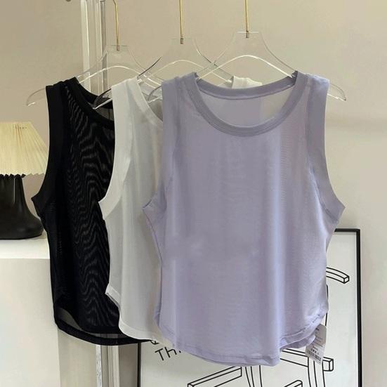 Women Vest Solid Color Loose Fit Sleeveless Tops Round Neck Mesh Yarn Splicing Thin Yoga Sport Tops Daily Wear
