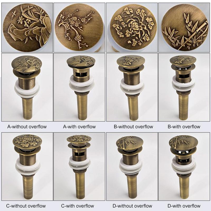 Bathroom Lavatory Basin Sink Pop Up Drain with Round Carved Cover  Brass with & Without Overflow Vanity Sink Waste Drainer