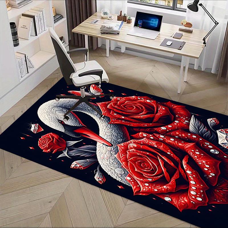 Elegant Swan with Red Roses Chair Mat Office Carpet, Oversized Rug for Home Decor, Gift, Suitable for Bedroom, Living Room, Various Rooms