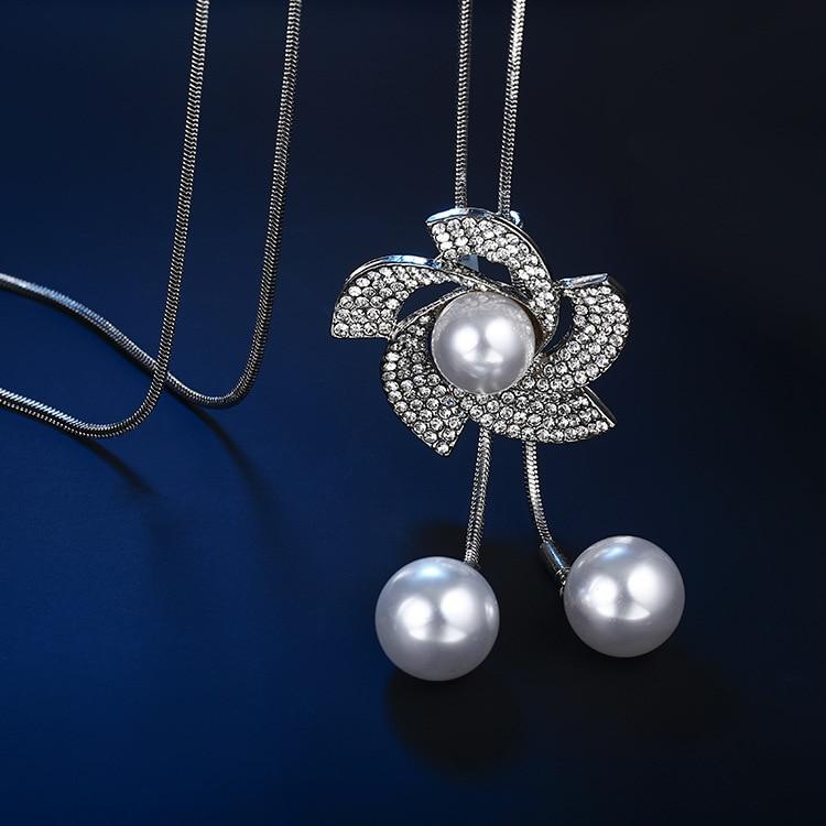 Elegant Look Simulated Pearl Long Necklaces Women Bijoux Stylish Crystalline Flower Stylish Jewelry Sweater Necklaces PendantsElegant Pendant Necklace