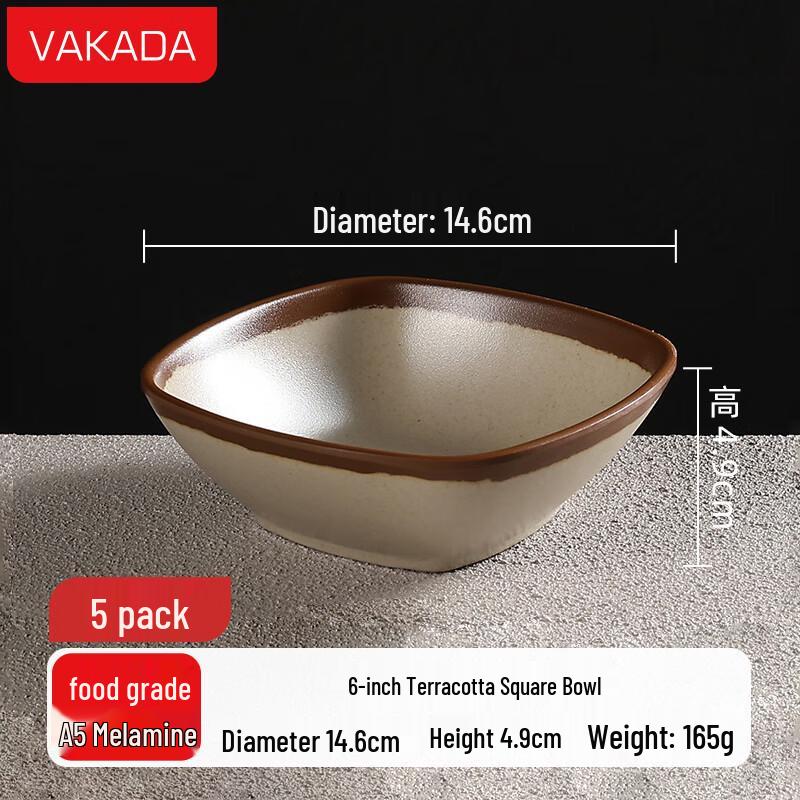 VAKADA 6-inch Melamine Earthenware-Look Square Bowls (5-Pack)