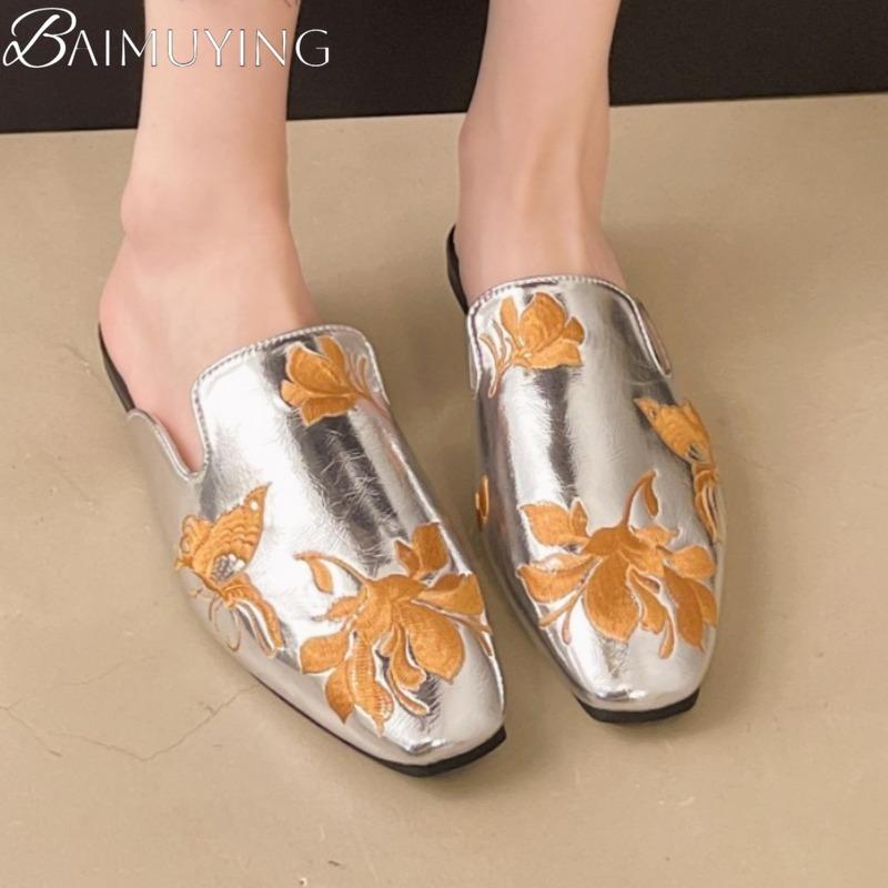 Mode Damen Hausschuhe Flache Sandalen Quadratische Zehen Loafer Schuhe Frau Pantoletten 2025 Trend Sommer Weiches Leder Flach Weiche Sohle Sandalen