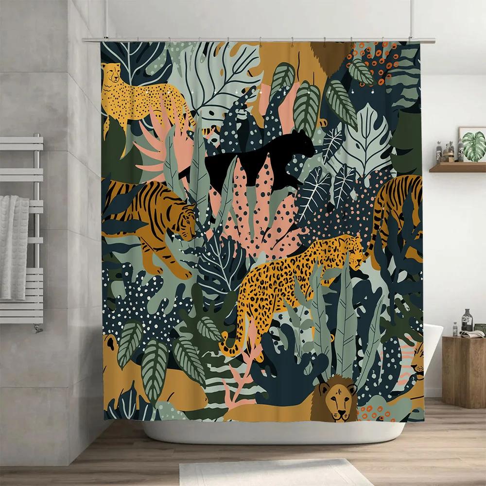 Wildlife-Inspired Shower Curtain Black Leopard Tiger Print Greenery Background Waterproof Fabric for Bathroom Decoration