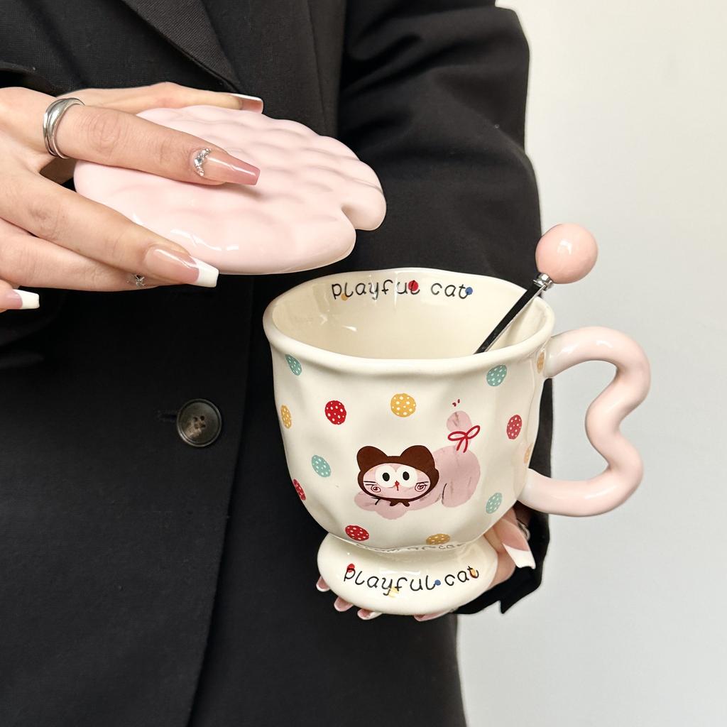 Cute Polka Dot Puppy Creative Cartoon Water Cup Ceramic Mug with Lid Spoon High Looking Birthday Gift for Girls