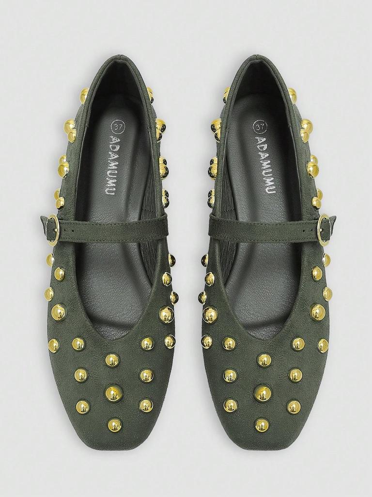 Black Mary Jane Flats, Silver Rivet Decor One-Strap Buckle, Retro Elegant Shoes