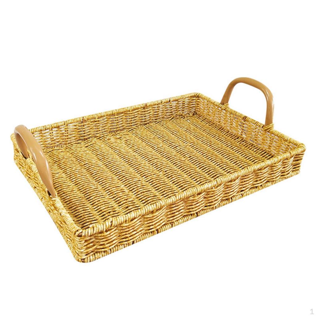 Wicker Serving Basket with Handles Rectangular Tray Shallow Woven Bread