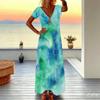 Women Plus Size V Neck Short Sleeve Maxi Dress Soft Tie Dye Print Loose Summer Beach Long Dress