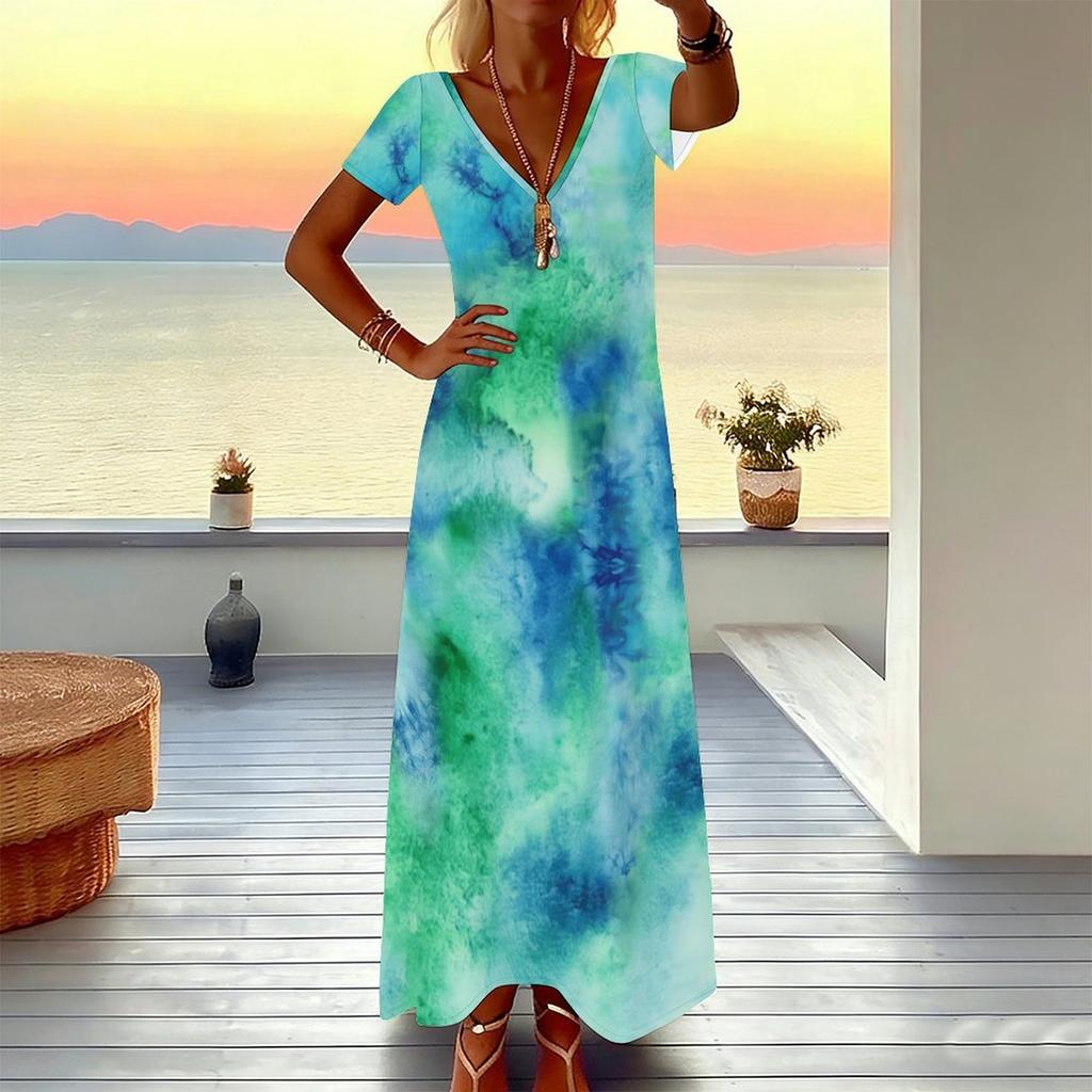 Women Plus Size V Neck Short Sleeve Maxi Dress Soft Tie Dye Print Loose Summer Beach Long Dress