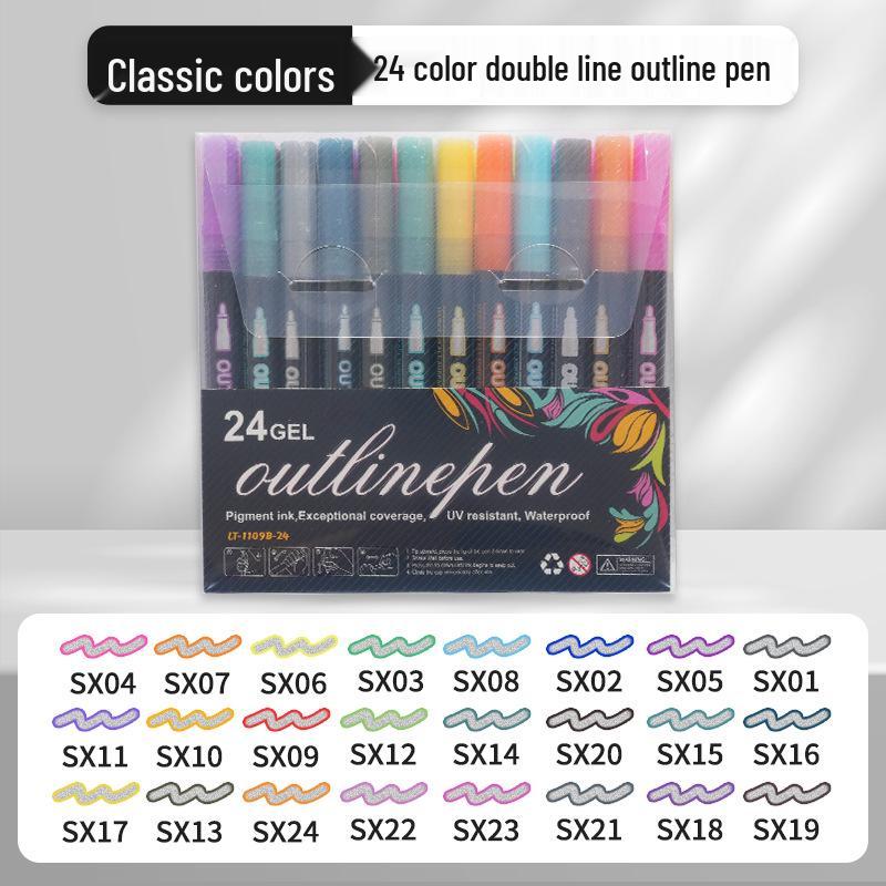 48-Color Fluorescent Dual-Line Metallic Outline Pen Set