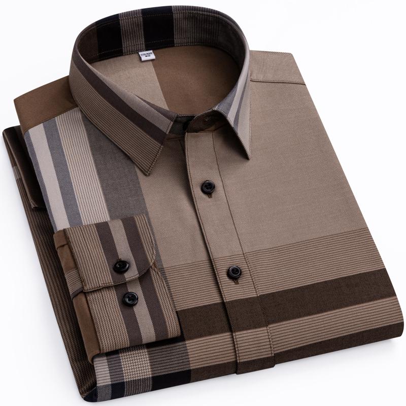 Men's Fashion Long Sleeve Plaid Striped Dress Shirts Without Pocket Premium Comfortable Soft Standard-fit Easy Care Casual Shirt