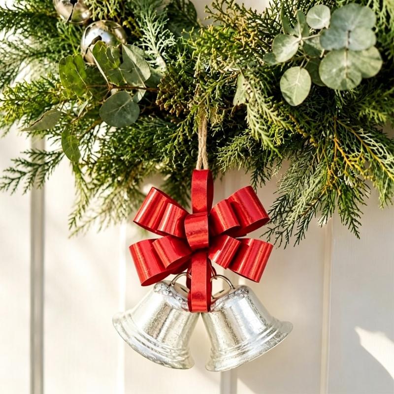 Three-Dimensional Metal Christmas Bowknot Decoration with 2 Iron Bells and Top Hanging Loop for Storefronts and Hotel Lobbies