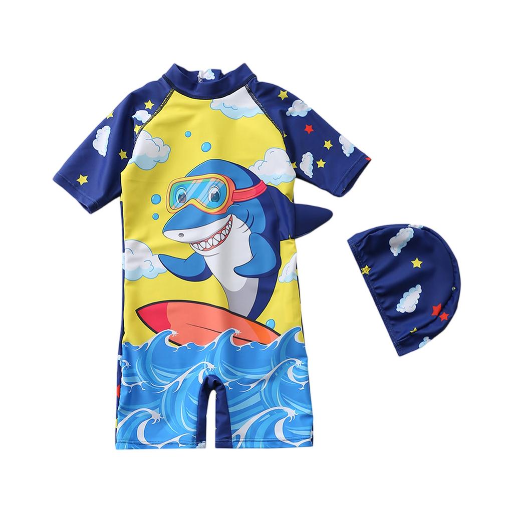 Boys Short Sleeve Hooded One-Piece Swimsuit Cartoon Dinosaur Print Beach Swimwear Summer Kids Swim Shirt with Matching Swim Cap