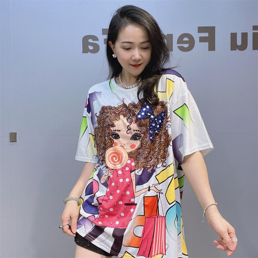 Colorful Fashion Printed T Shirts Women Summer Clothes Casual Cartoon Girl Diamonds Beading Short Sleeve Tops Tee