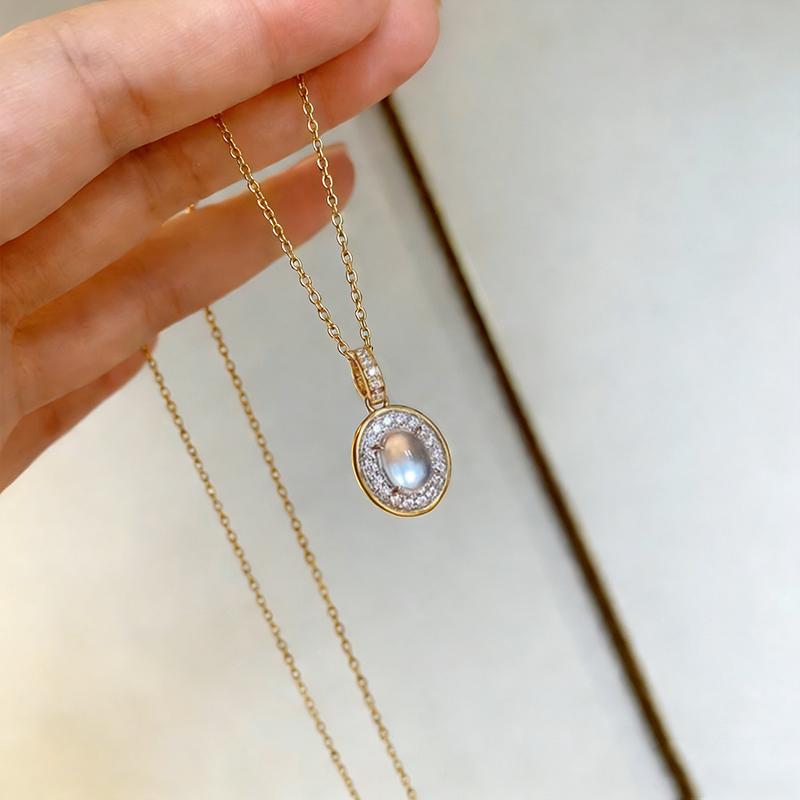 Huitan Luxury Two Tone CZ Pendant Necklace with Oval Imitation Opal Stone Exquisite Daily Neck Accessories Gift Fashion Jewelry