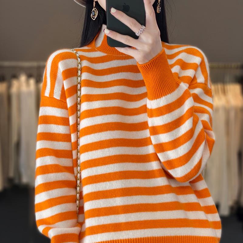 Korean Style Women's Striped Color-Block High Neck Knit Pullover Sweater