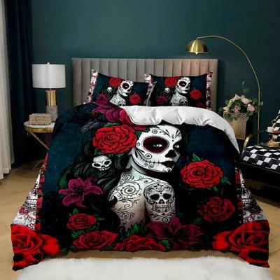 Copripiumino Teschio Rosa Rossa Scheletro Queen Floreale Scheletro Tradizionale Messicano Halloween Matrimoniale Queen King Poliestere Copri Piumino